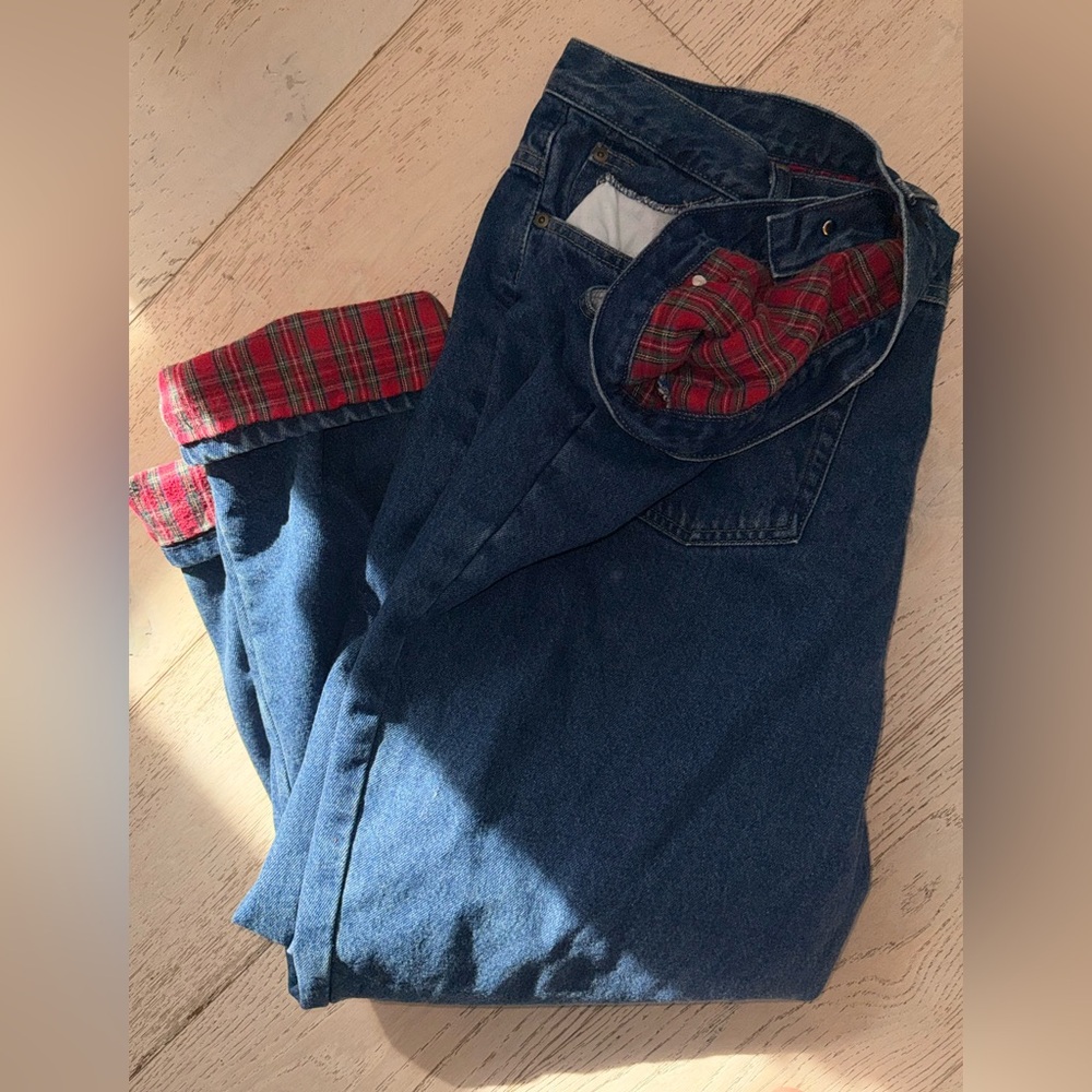Vintage LL Bean flannel plaid lined high rise mom jeans dark wash insulated 22W - Picture 7 of 9